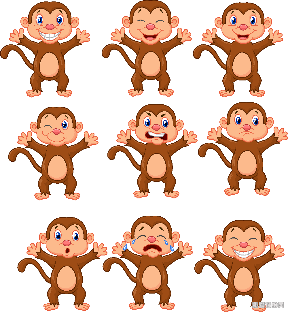可爱小猴子表情矢量素材哭泣的小猴欢笑的小猴子平面素材 .