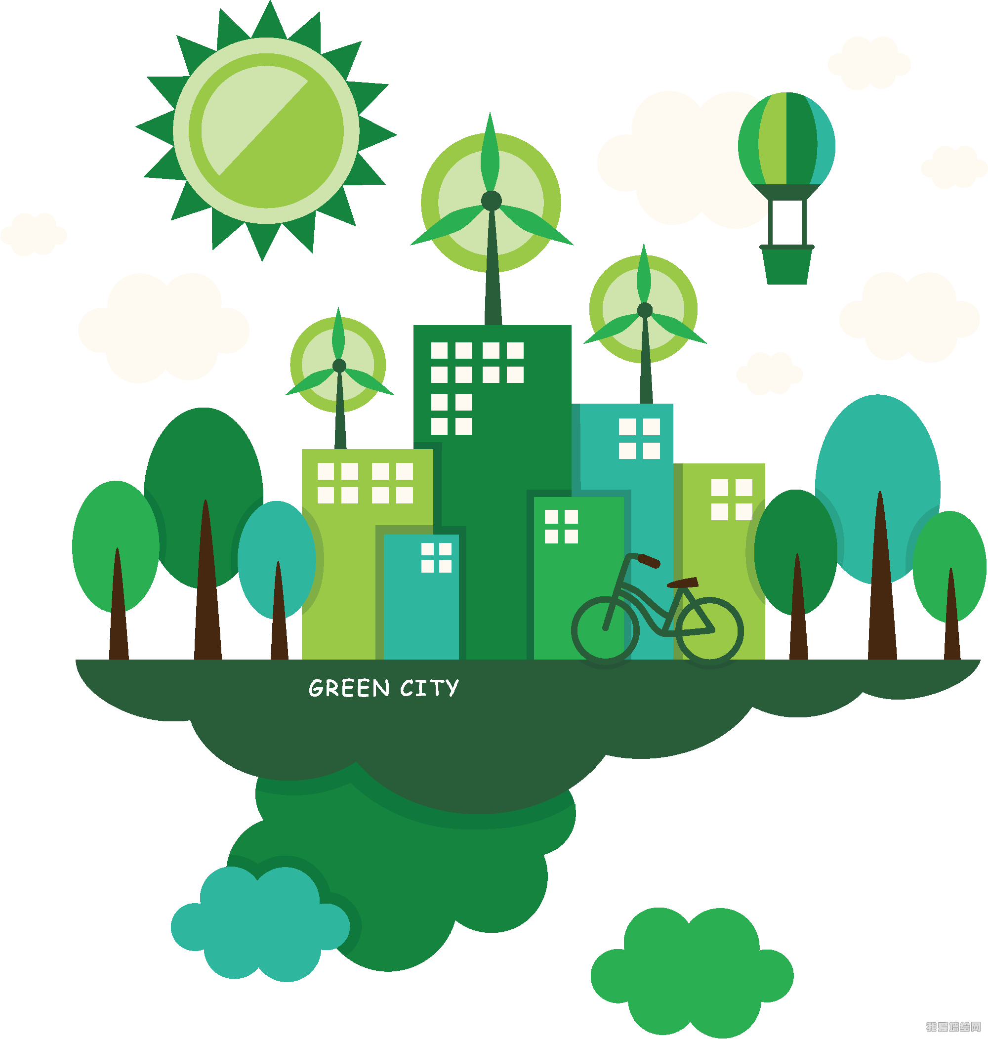 绿色环保 树林 清洁能源 风车 热气球 绿色出行 低碳生活 环保素材
