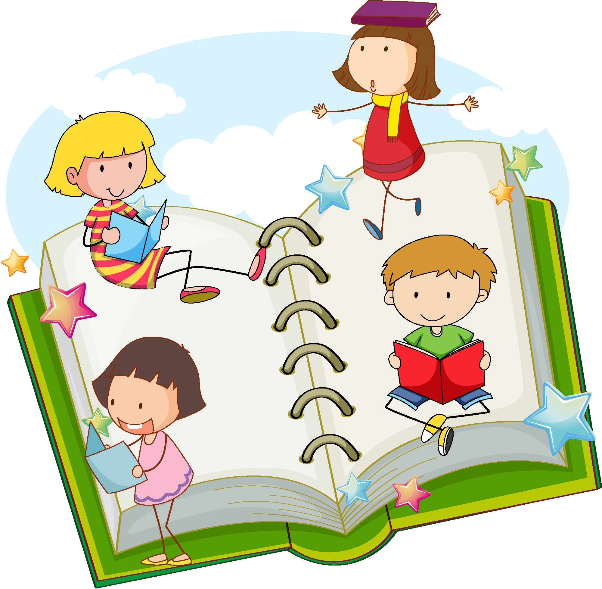 看书学习的儿童矢量素材,蓝天,白云,绿色,书本,翻开,笔记 