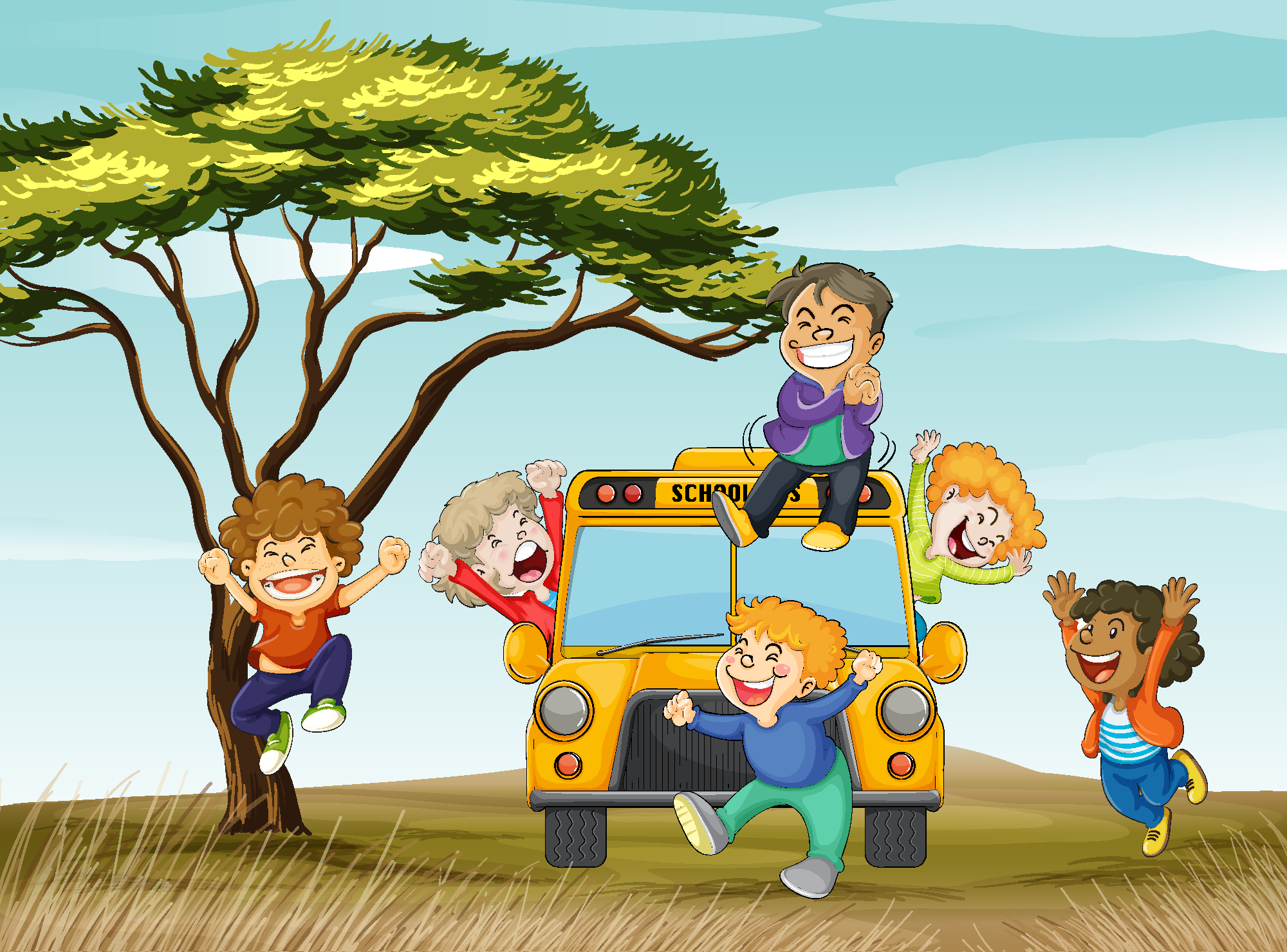 可爱场景,卡通插图,学生,孩子,儿童,白云,蓝天,校车,汽车图片素材树木