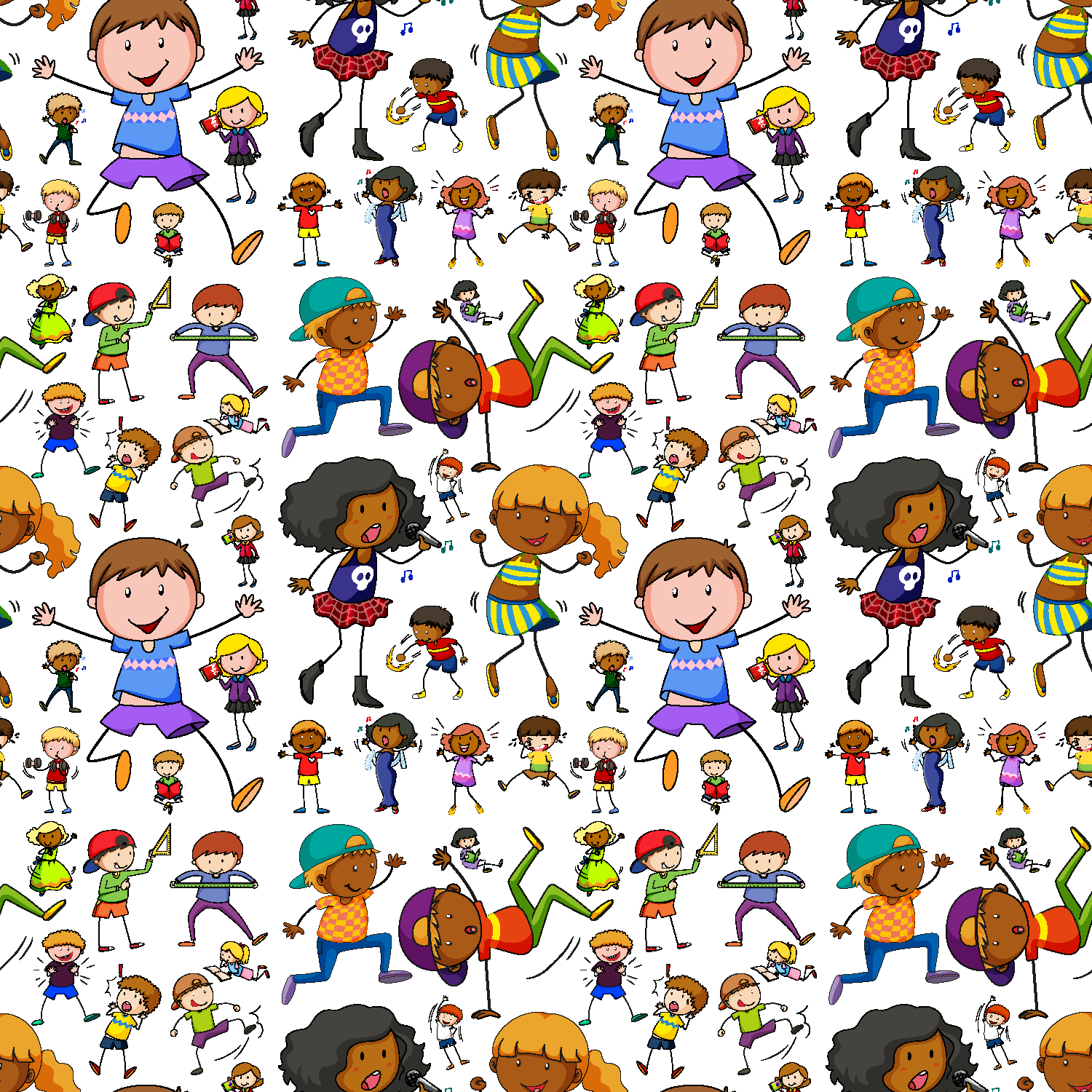卡通人物玩耍可爱动作不同形态的卡通人物卡通背景无缝背景矢量素材