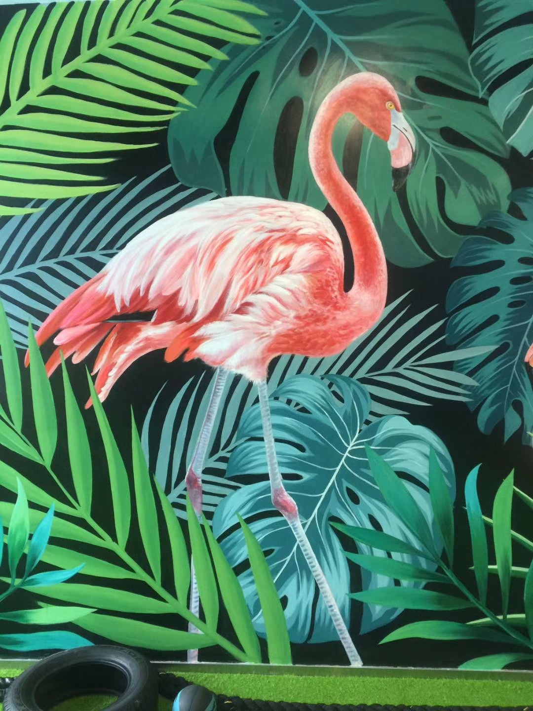 热带雨林火烈鸟墙绘图片
